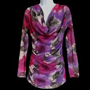 Alex Marie Mesh Semi-Sheer Cowl Neck Y2k Floral Fairy Core Pixie Vibrant L